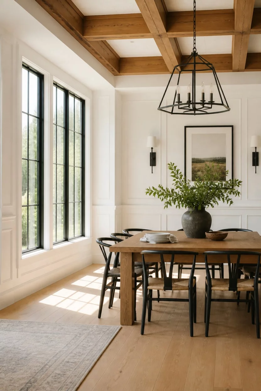 Modern Paneling Meets Warm Wood Beams A realistic photo of a modern dining space with crisp white paneled walls, thick natural wood ceiling beams, a minimalist dining table, and large windows filling the room with morning sunlight.