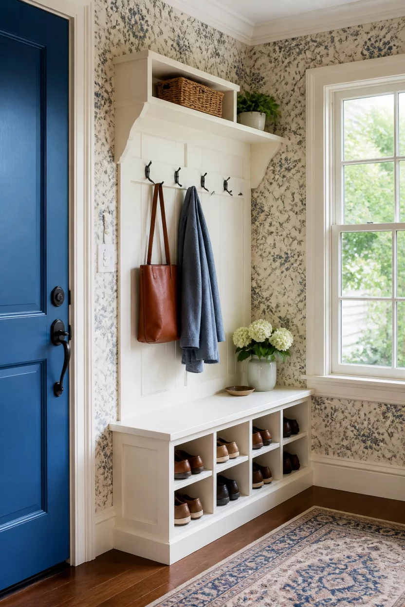 A realistic photo of a cottage style hallway with floral wallpaper featuring a white hall tree with built in shoe cubbies and hooks next to a bright blue door and a large window.