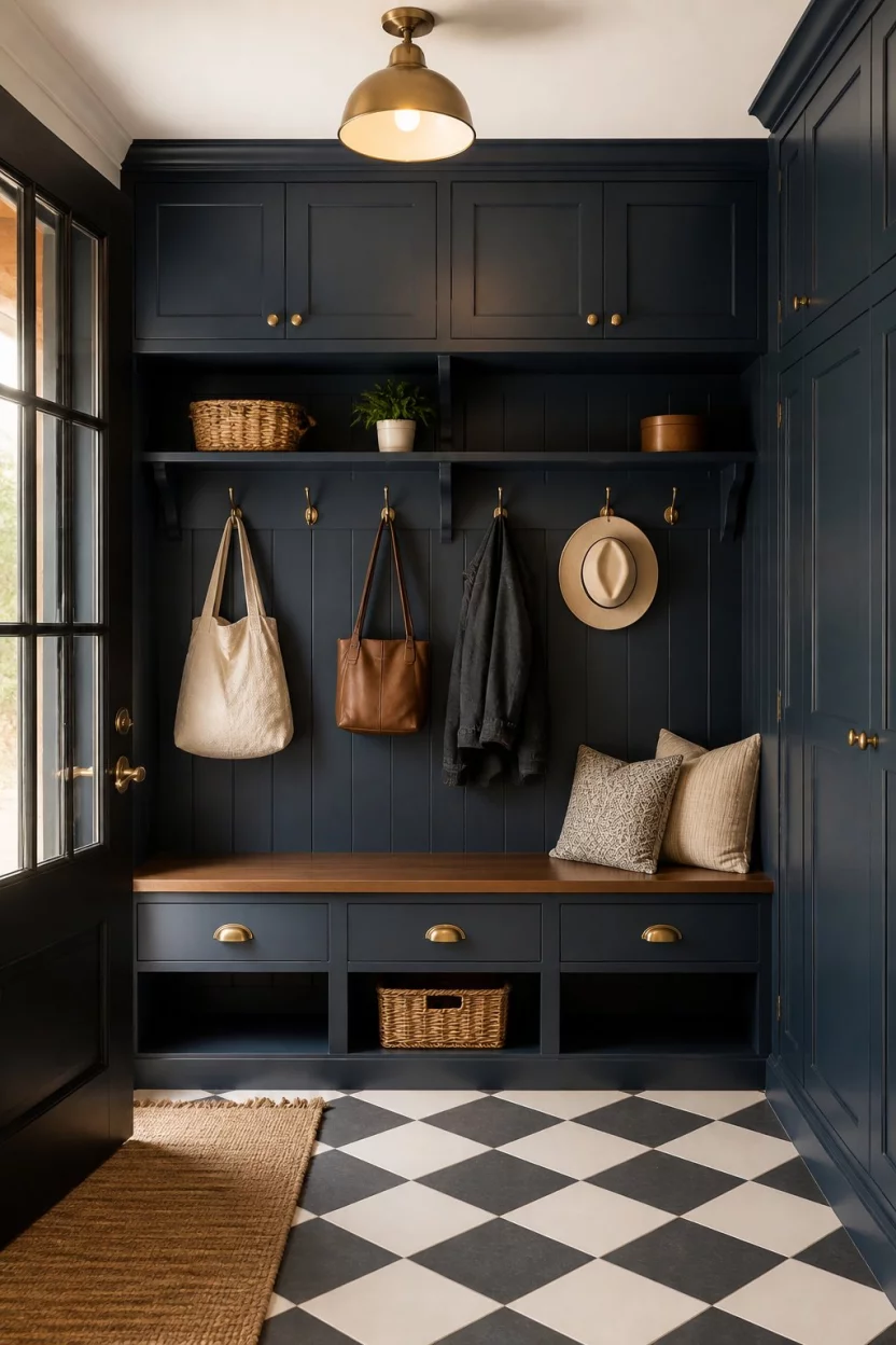 A realistic photo of a stylish mudroom featuring dark blue cabinetry and classic checkered tile flooring with integrated seating and various hooks for bags and hats under soft overhead lighting.