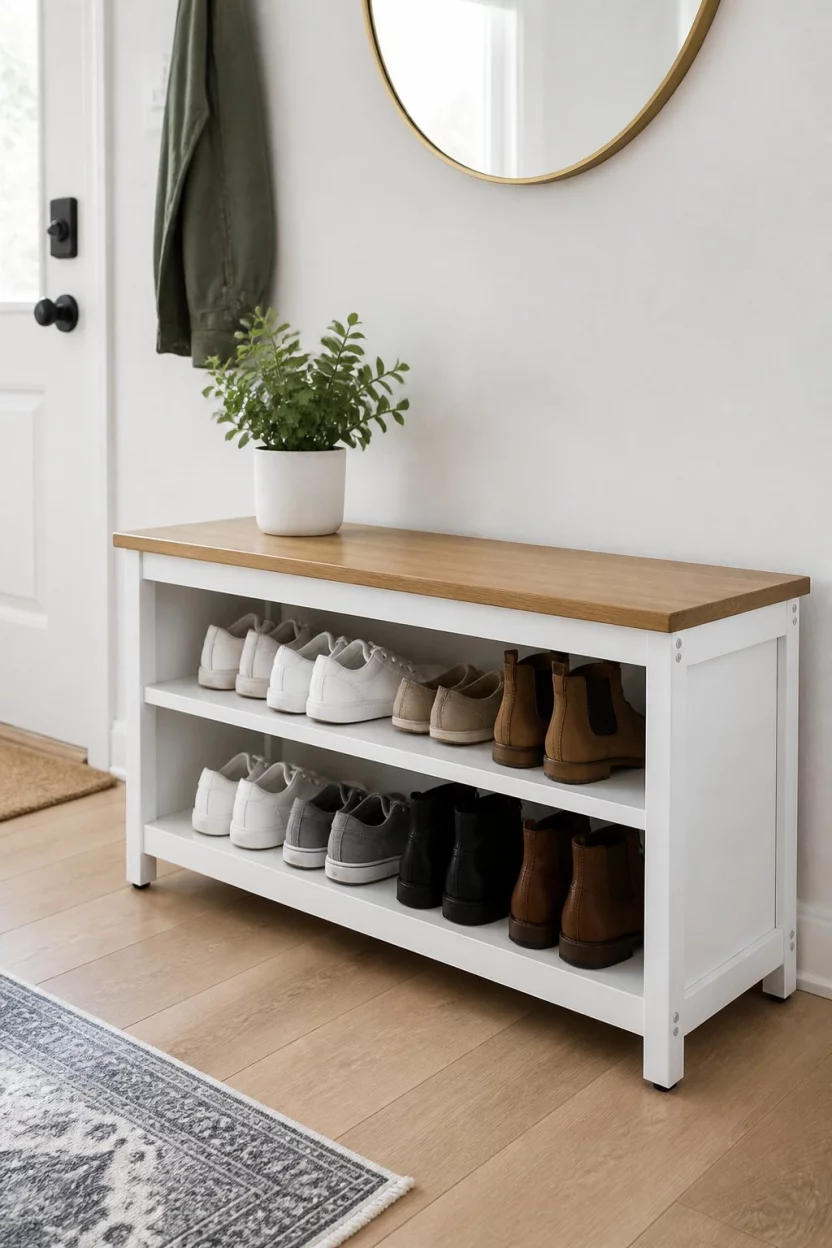 A realistic photo of a minimalist entryway featuring a white shoe storage bench with a natural wood top and two shelves holding neatly arranged sneakers and boots against a plain white wall.