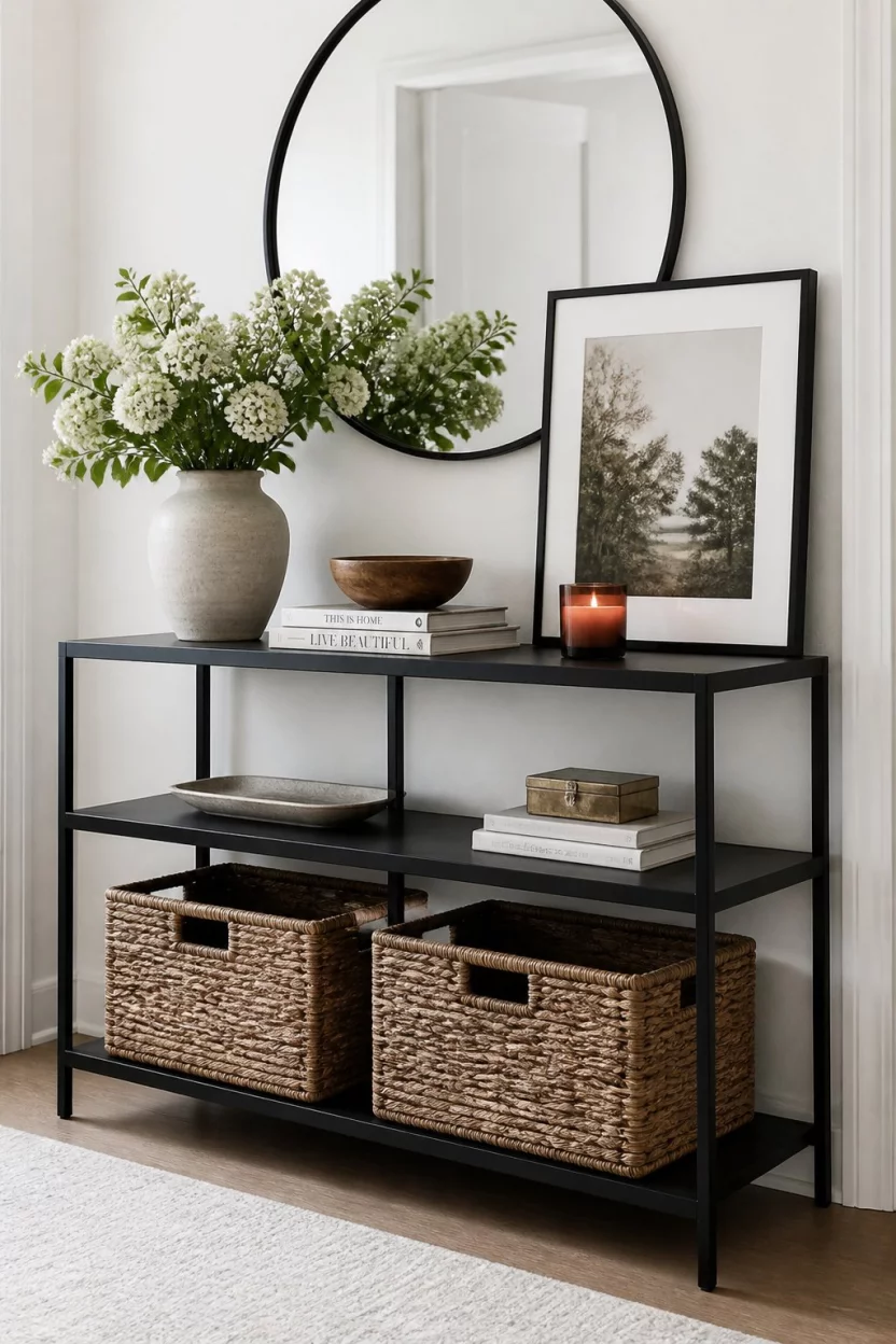 A realistic photo of a stylish entryway console table with black metal shelving and woven baskets on the bottom shelf decorated with a vase of white flowers and framed art.