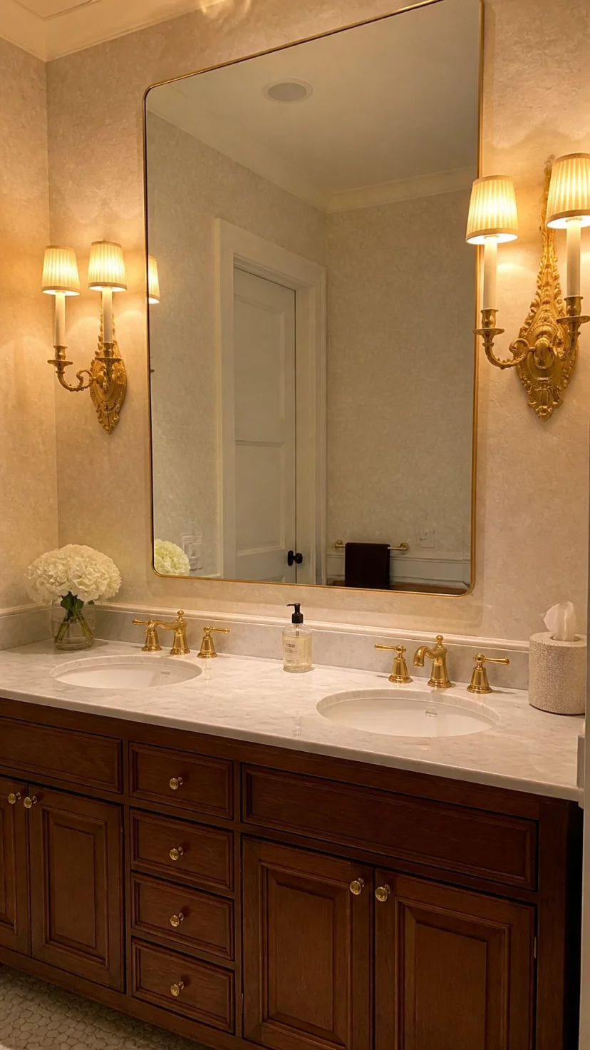 A super-realistic photo of a double vanity with two ornate brass wall sconces flanking a large rectangular mirror, the bulbs emitting a soft yellow glow that warms up the entire room, the golden metal reflecting the light and adding a touch of vintage luxury, the background showing a glimpse of a neutral patterned wallpaper, everyday social media post aesthetic, photorealistic, high-quality mobile photography, shot on an iPhone 14