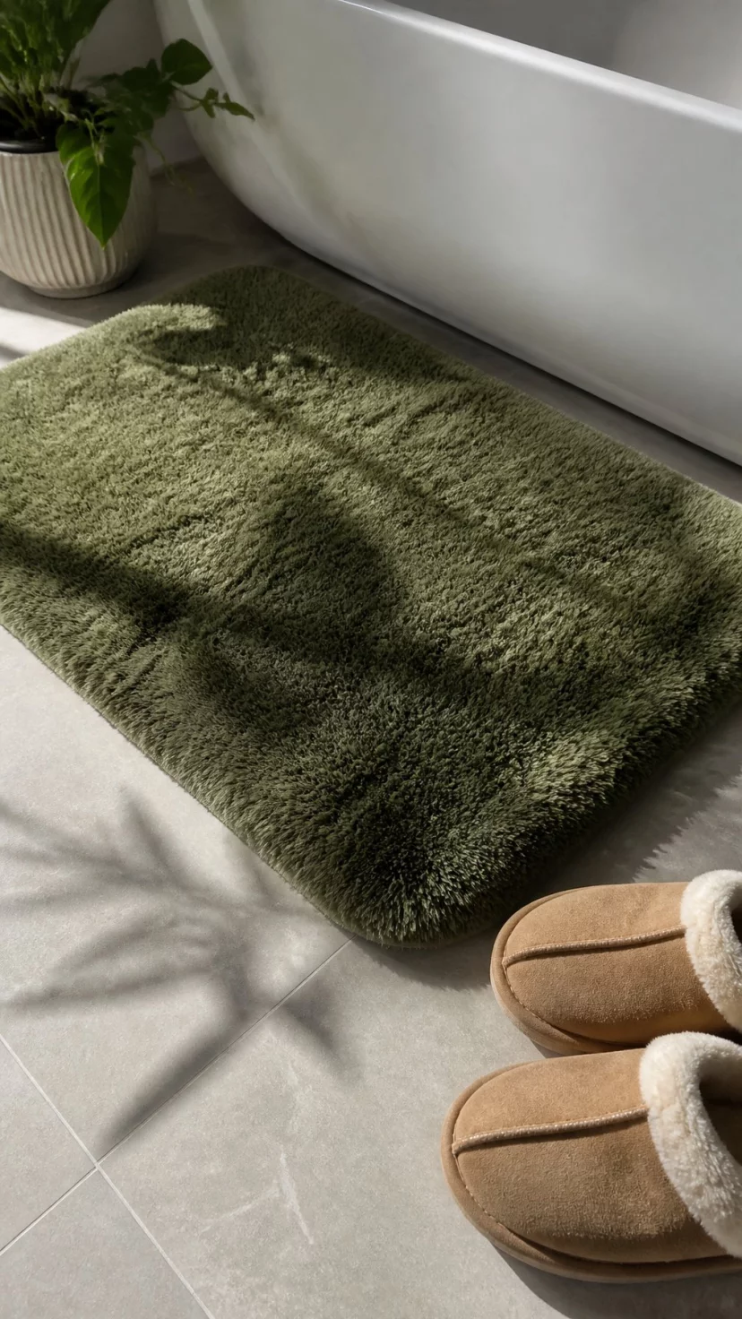 A super-realistic photo of a plush moss green bath mat lying on a light grey tiled bathroom floor, the thick sheepskin-like texture looking incredibly soft and inviting, the corner of a white porcelain bathtub visible in the background, a pair of tan suede slippers sitting neatly next to the mat, shadows from a nearby plant leaves dancing on the floor, everyday social media post aesthetic, photorealistic, high-quality mobile photography, shot on an iPhone 14