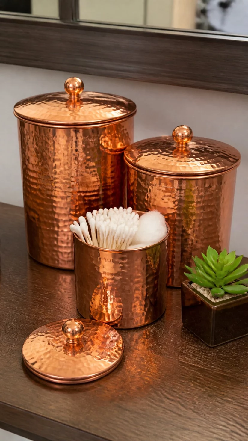 A super-realistic photo of a set of three hammered copper canisters sitting on a dark wood vanity, the metallic surface reflecting a soft warm light, the lids having small round knobs, a few cotton swabs and cotton balls visible in the open smallest canister, a small green succulent sitting nearby, the copper adding a brilliant metallic warmth, everyday social media post aesthetic, photorealistic, high-quality mobile photography, shot on an iPhone 14