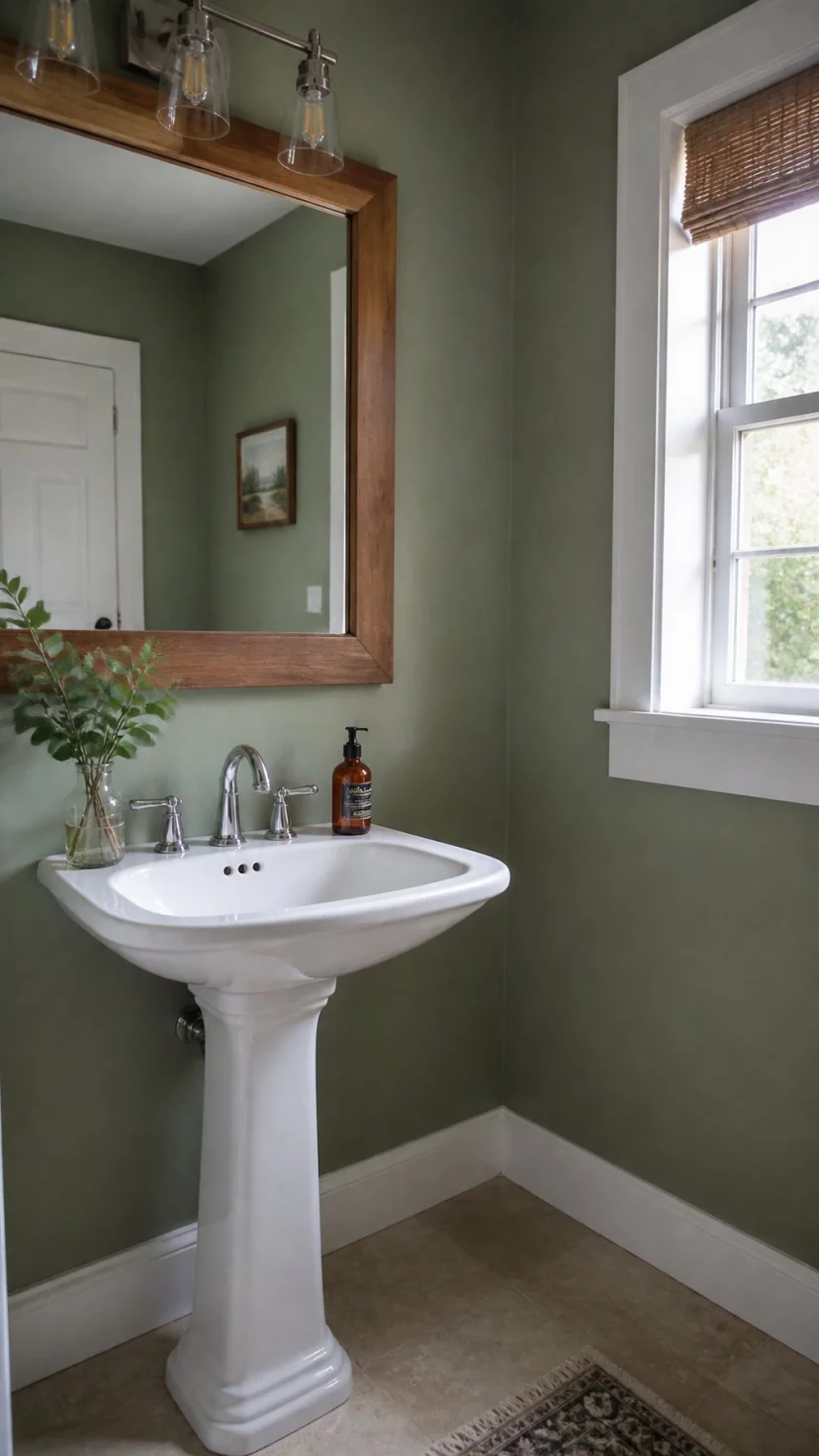 A super-realistic photo of a bathroom wall painted in a soft muted sage green, a white pedestal sink in front of the wall, a wooden mirror frame above the sink, a small window to the side letting in bright light, the color looking soft and calming against the white ceramic fixtures, everyday social media post aesthetic, photorealistic, high-quality mobile photography, shot on an iPhone 14
