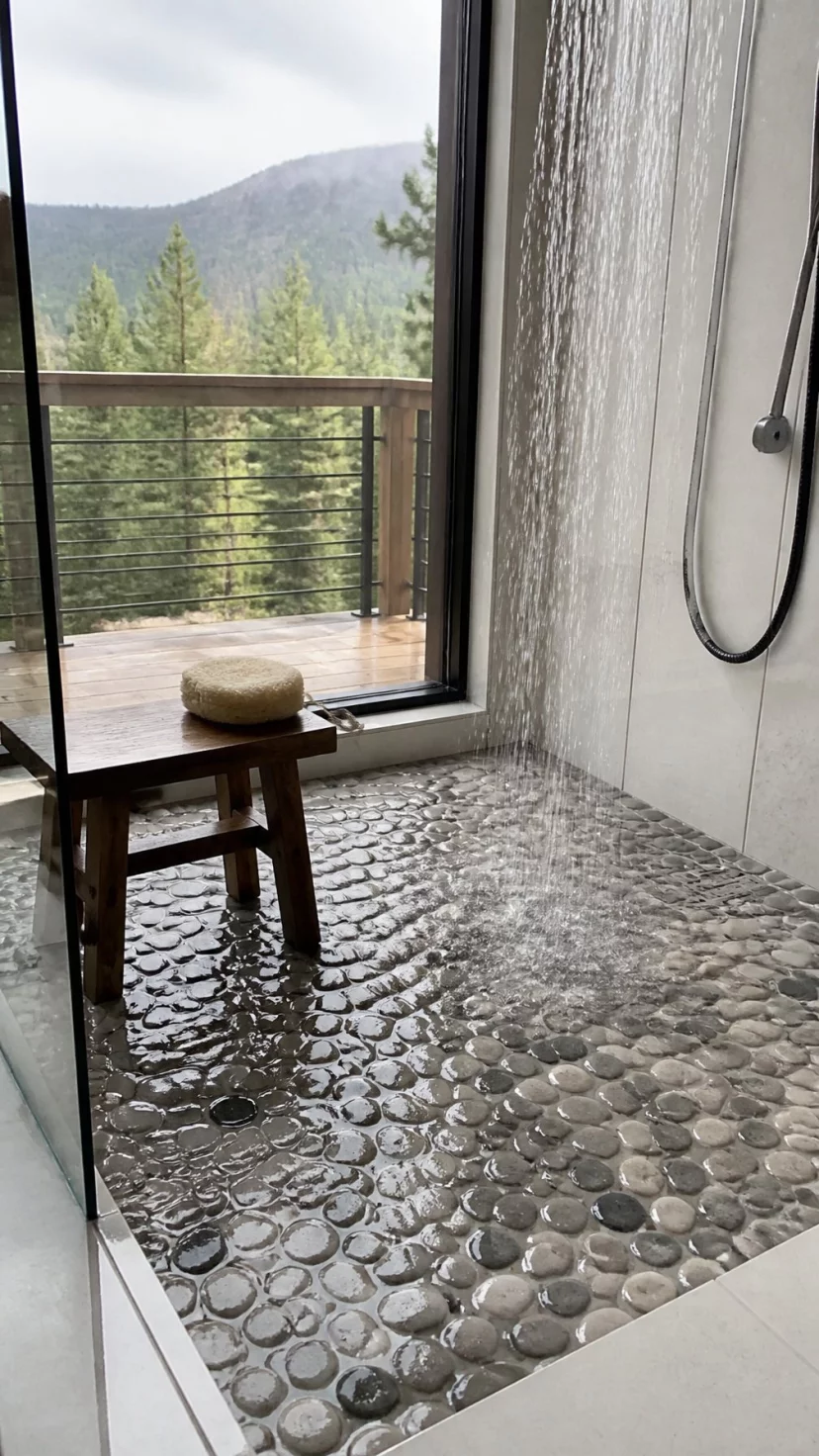 A super-realistic photo of a natural stone pebble mat inside a glass-walled shower, the smooth grey and tan stones looking wet and glistening under the shower head spray, the white tiled floor around it being clean and bright, a small wooden stool with a loofah sitting nearby, the scene looking like a luxury mountain spa, everyday social media post aesthetic, photorealistic, high-quality mobile photography, shot on an iPhone 14