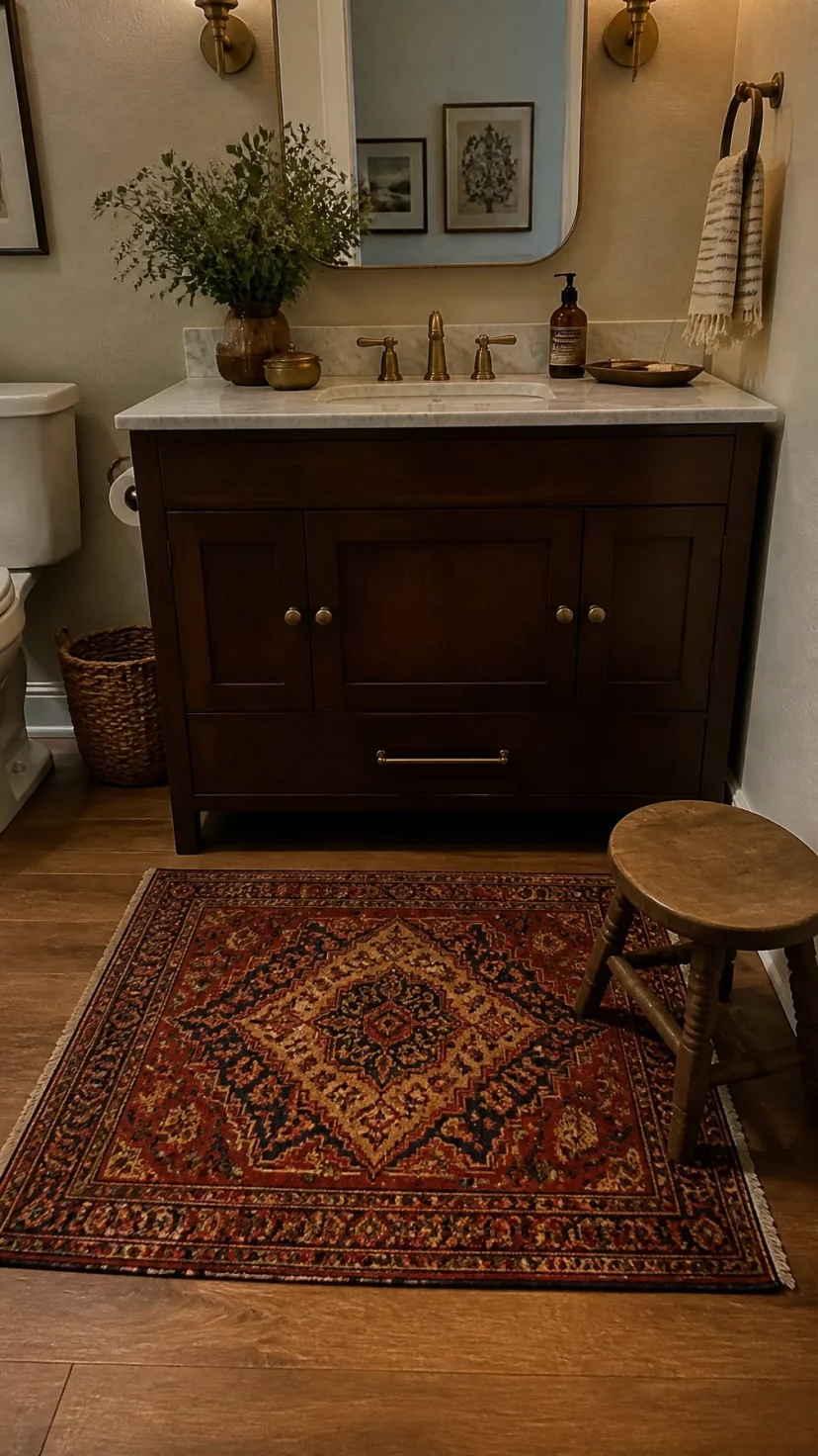 A super-realistic photo of a small antique-style Persian rug with deep reds and ochre colors lying in front of a bathroom vanity, the intricate patterns looking slightly faded and vintage, the wooden floor visible around the edges, a small wooden stool sitting on one corner of the rug, the overall look being rich and warm, everyday social media post aesthetic, photorealistic, high-quality mobile photography, shot on an iPhone 14