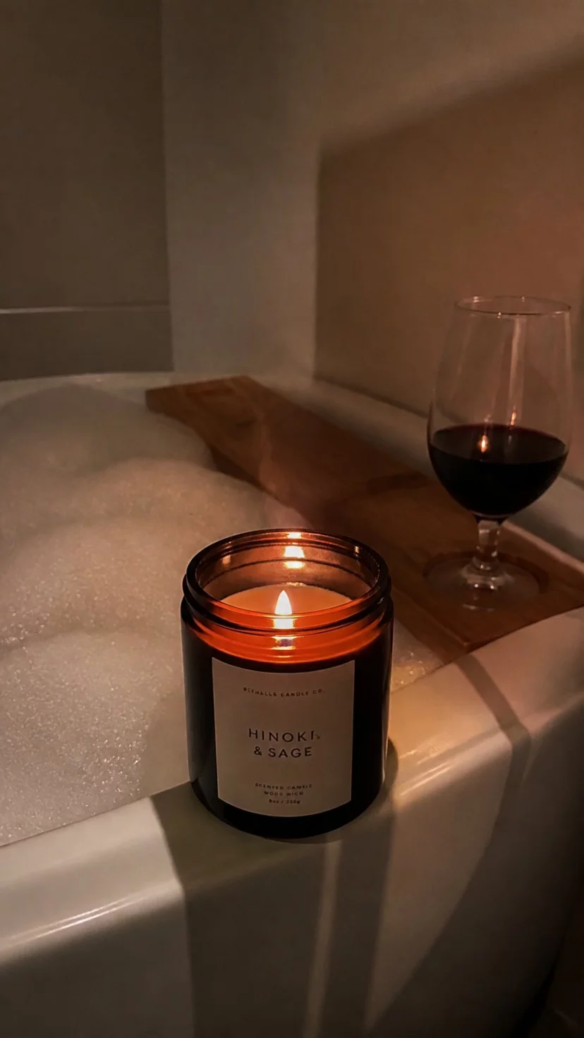 A super-realistic photo of a lit wood wick candle in a dark brown jar sitting on the edge of a bathtub, a tiny flame flickering and a small wisp of smoke rising, a pile of bubbles in the tub background, a glass of red wine sitting on a wooden bath caddy, the warm light creating long shadows on the wall, everyday social media post aesthetic, photorealistic, high-quality mobile photography, shot on an iPhone 14