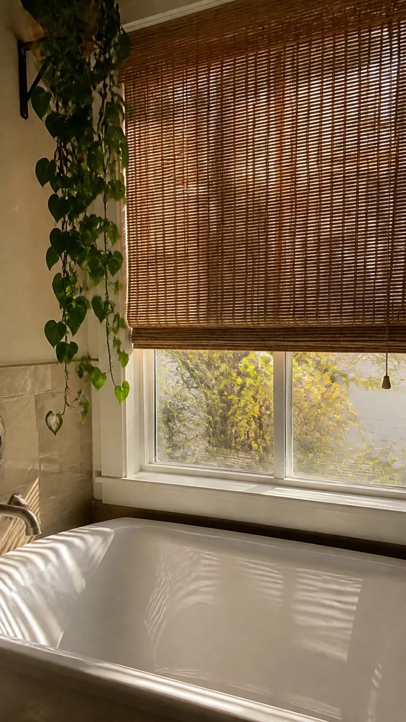 A super-realistic photo of a bathroom window with half-lowered woven reed blinds, the sunlight filtering through the gaps and casting striped patterns on the white bathtub below, a trailing vine plant hanging from the ceiling near the window, the natural brown fibers of the blinds looking textured and organic, the view outside showing a hint of yellow leaves, everyday social media post aesthetic, photorealistic, high-quality mobile photography, shot on an iPhone 14