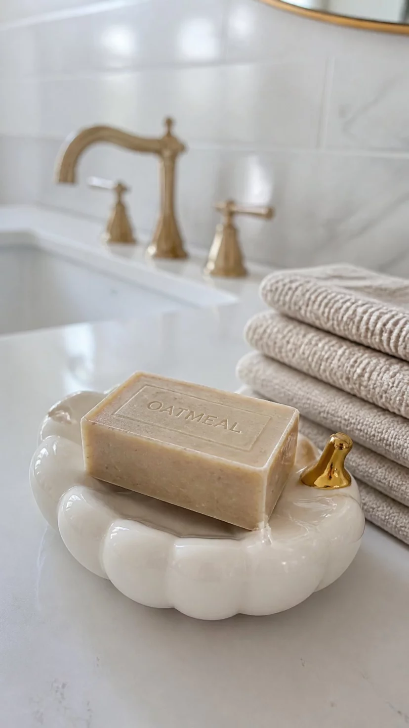A super-realistic photo of a small white ceramic pumpkin used as a soap dish on a bathroom sink, a bar of oatmeal scented soap resting on top, the pumpkin having delicate gold leaf detailing on the stem, a small stack of linen hand towels nearby, the scene looking clean yet festive, a slight blur on the background faucets, everyday social media post aesthetic, photorealistic, high-quality mobile photography, shot on an iPhone 14
