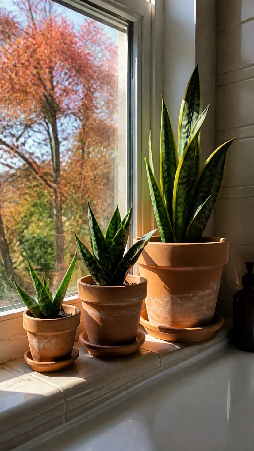 A super-realistic photo of three varying sizes of terracotta pots sitting on a bathroom windowsill, each pot containing a Hardy indoor plant like a snake plant or aloe vera, the orange clay pots showing natural mineral streaks and texture, the sun hitting the side of the largest pot, a view of orange autumn trees through the window glass, everyday social media post aesthetic, photorealistic, high-quality mobile photography, shot on an iPhone 14