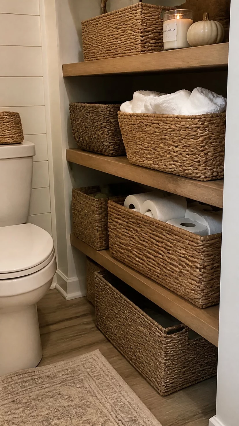 A super-realistic photo of a bathroom corner with open wooden shelving, several various sized seagrass baskets neatly tucked into the cubbies, one basket overflowing with fluffy white washcloths, another holding a stack of toilet paper rolls, a small ceramic pumpkin sitting quietly on the top shelf next to a flickering candle, the natural fibers of the baskets adding warmth, everyday social media post aesthetic, photorealistic, high-quality mobile photography, shot on an iPhone 14