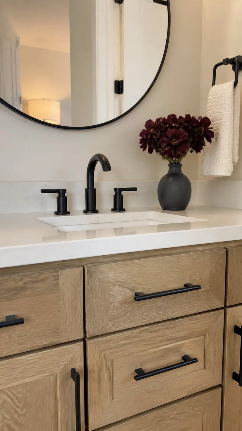 A super-realistic photo of a modern bathroom vanity featuring a matte black faucet and matching drawer pulls, a small vase of dark burgundy flowers sitting on the side, the smooth black metal contrasting sharply against the white quartz countertop and light oak cabinets, a round mirror with a black frame reflecting a warm light source, everyday social media post aesthetic, photorealistic, high-quality mobile photography, shot on an iPhone 14