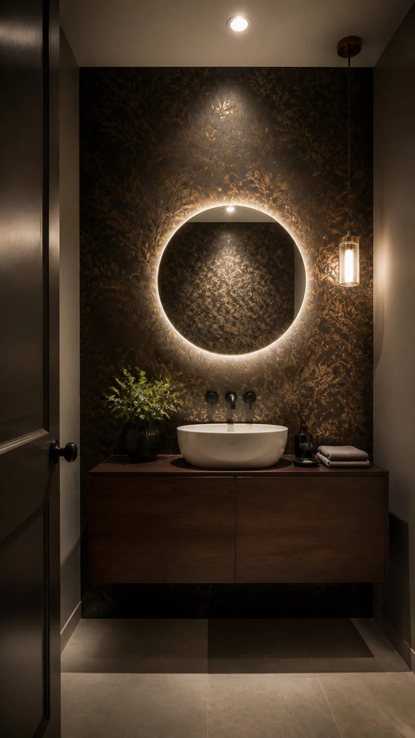 A super-realistic photo of a small powder room with a feature wall of dark moody wallpaper featuring a subtle metallic gold leaf pattern, a floating wood vanity with a vessel sink sitting in front of the wall, a round backlit mirror reflecting the pattern, the overall atmosphere being luxurious and intimate, everyday social media post aesthetic, photorealistic, high-quality mobile photography, shot on an iPhone 14