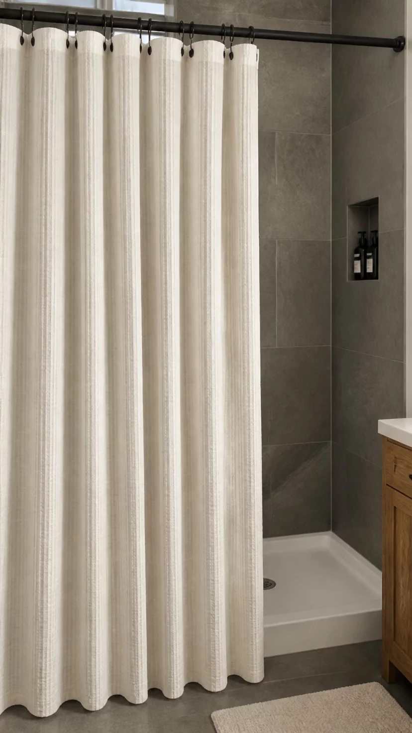 A super-realistic photo of a heavy cream-colored waffle weave shower curtain hanging from matte black rings, the deep texture of the fabric catching the light and creating subtle shadows, the curtain reaching all the way to the floor, a glimpse of a dark grey tiled shower interior, the overall look being clean and high-end, everyday social media post aesthetic, photorealistic, high-quality mobile photography, shot on an iPhone 14