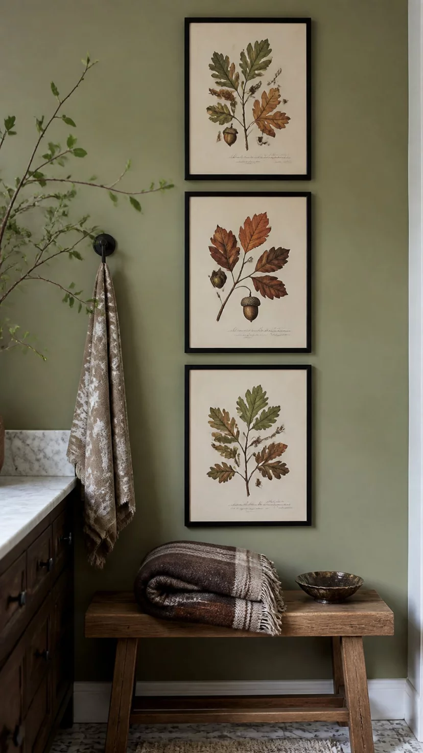A super-realistic photo of a gallery wall in a bathroom featuring three framed vintage botanical prints of autumn leaves and acorns, the frames being thin black wood, the wall painted a soft sage green, a small wooden bench sitting below the art with a folded wool blanket, the lighting being soft and indirect, everyday social media post aesthetic, photorealistic, high-quality mobile photography, shot on an iPhone 14
