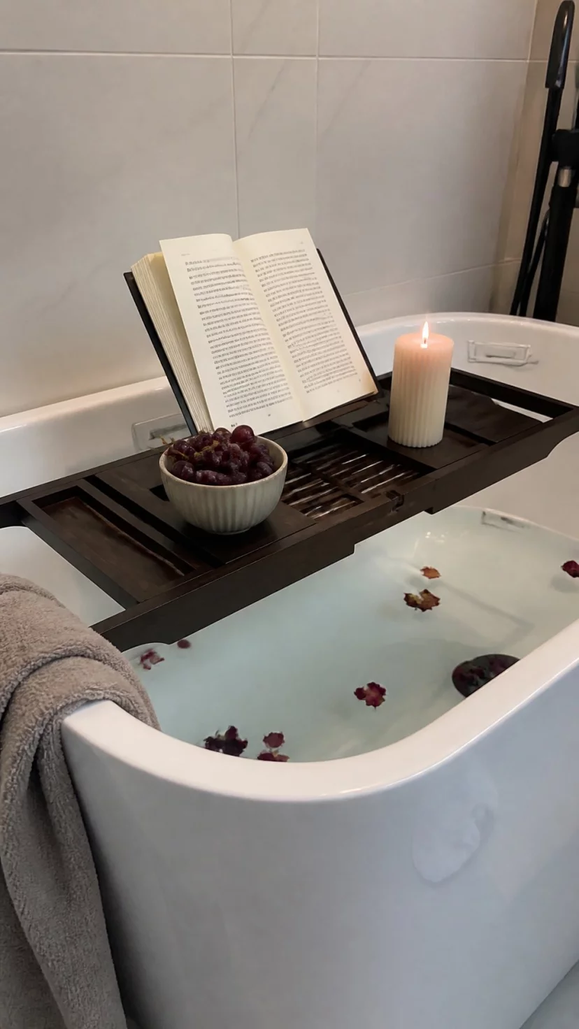 A super-realistic photo of a dark bamboo bathtub caddy stretched across a white soaking tub, the tray holding an open book, a small ceramic bowl of grapes, and a tall candle, a few rose petals scattered in the bath water below, the grain of the wood looking smooth and polished, a soft towel hanging over the side of the tub, everyday social media post aesthetic, photorealistic, high-quality mobile photography, shot on an iPhone 14