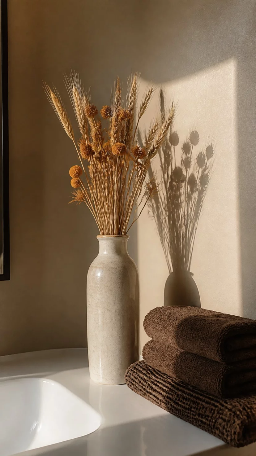 A super-realistic photo of a tall slender ceramic vase filled with dried wheat stalks and orange billy balls, the vase sitting on a bathroom shelf next to a stack of neatly folded brown towels, the sunlight creating sharp shadows of the dried plants on the beige wall behind, the arrangement looking rustic and simple, everyday social media post aesthetic, photorealistic, high-quality mobile photography, shot on an iPhone 14