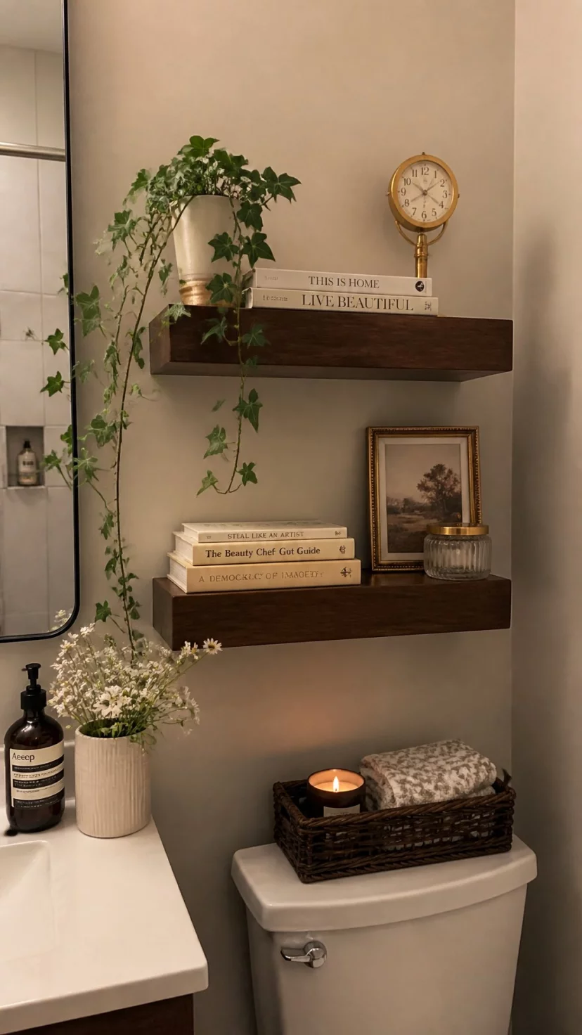 A super-realistic photo of two dark walnut floating shelves mounted on a light beige bathroom wall, the shelves holding a stack of books with cream covers, a small brass clock, and a trailing ivy plant, the rich wood grain visible under a soft light, the arrangement looking balanced and cozy, a high-end designer bathroom vibe with warm undertones, everyday social media post aesthetic, photorealistic, high-quality mobile photography, shot on an iPhone 14