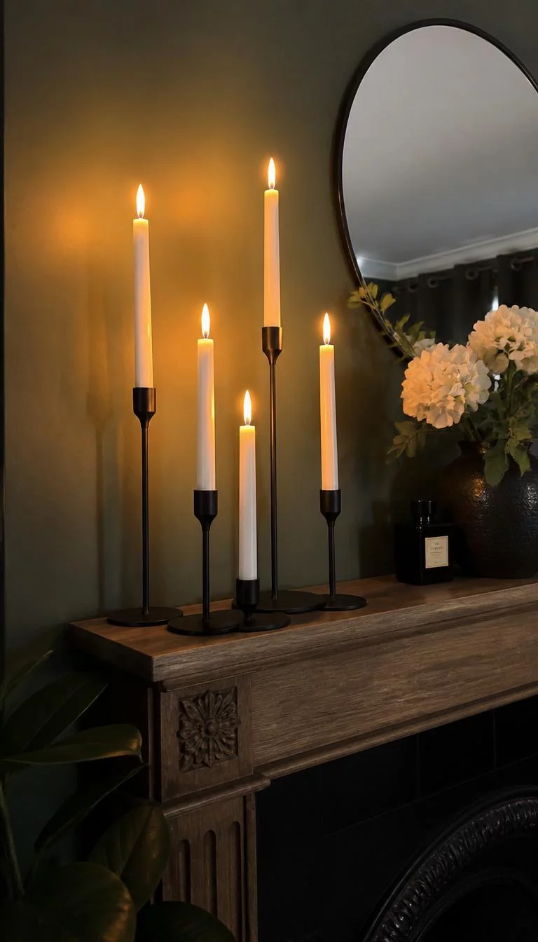 Taper Candles In Matte Holders A super-realistic photo of a bedroom mantelpiece with several tall white taper candles in black matte metal holders of varying heights, soft flickering light, a dark green wall in the background, everyday social media post aesthetic, photorealistic, high-quality mobile photography, shot on an iPhone 14