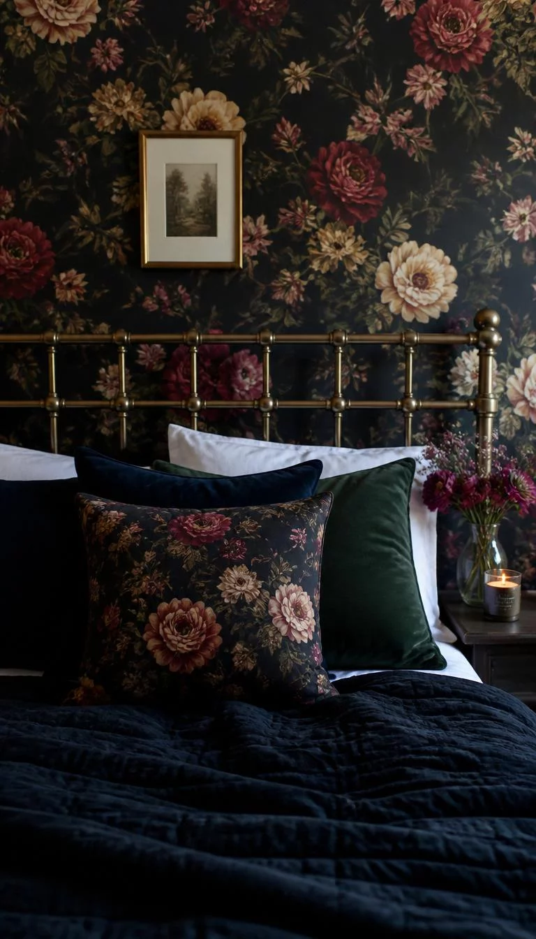 Dark Floral Peel And Stick Wallpaper A super-realistic photo of a bedroom wall featuring dark moody floral wallpaper with large burgundy and gold botanical prints, a simple brass bed frame leaning against it, soft velvet pillows in dark teal accents, everyday social media post aesthetic, photorealistic, high-quality mobile photography, shot on an iPhone 14
