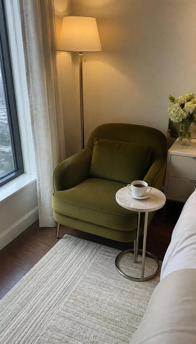 Plush Reading Nooks A super-realistic photo of a bedroom corner with a velvet armchair, a small side table with a cup of coffee, a floor lamp, a soft rug and a window nearby, everyday social media post aesthetic, photorealistic, high-quality mobile photography, shot on an iPhone 14