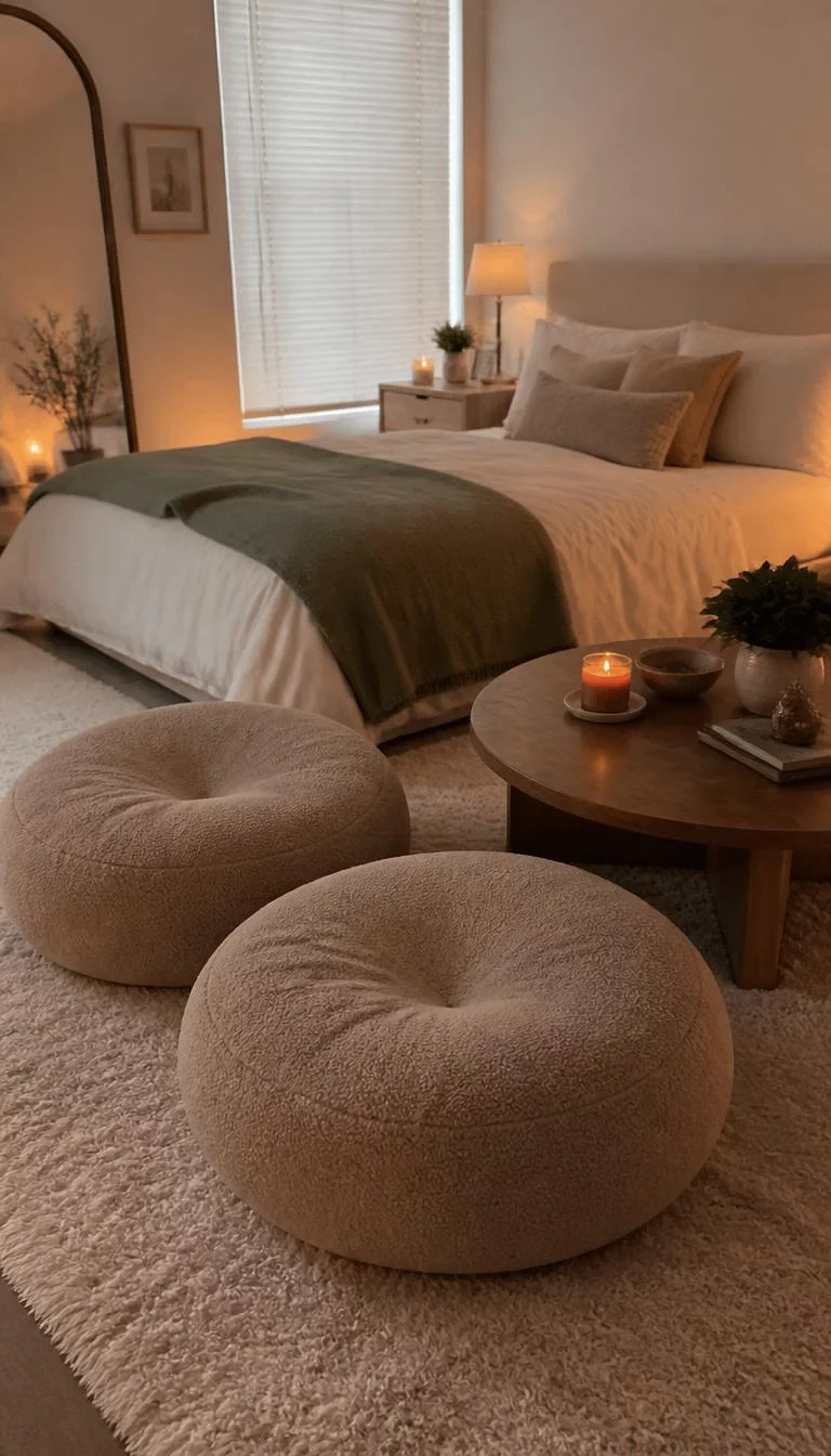 Oversized Floor Cushions A super-realistic photo of a bedroom with two large round floor cushions made of boucle fabric, a low wooden table nearby, a soft rug, warm evening lighting, everyday social media post aesthetic, photorealistic, high-quality mobile photography, shot on an iPhone 14