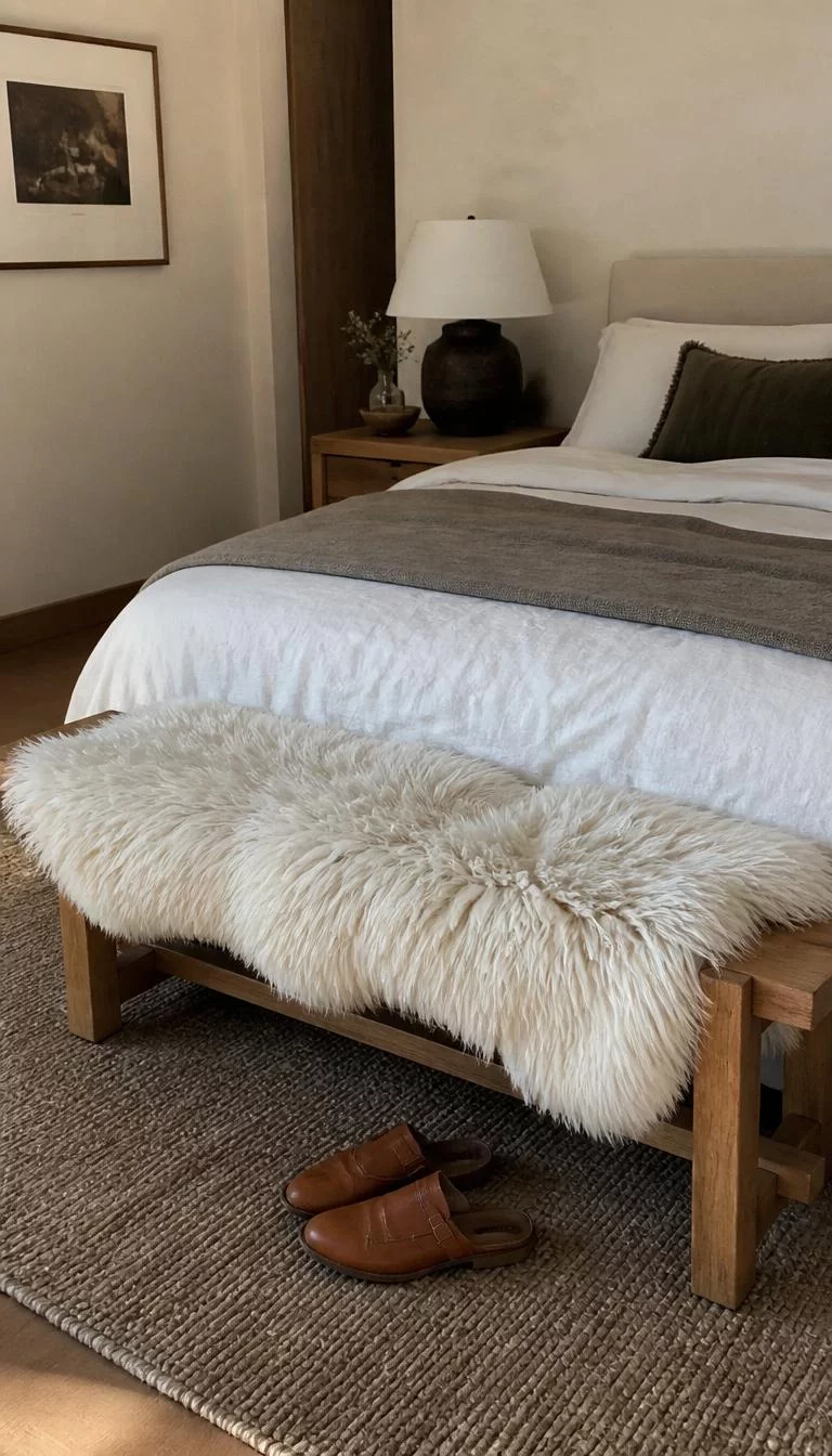 Faux Fur Bench Toppers A super-realistic photo of a bedroom with a wooden bench at the foot of the bed covered in a thick white faux fur hide, a pair of leather slippers on the floor below, soft shadows, everyday social media post aesthetic, photorealistic, high-quality mobile photography, shot on an iPhone 14