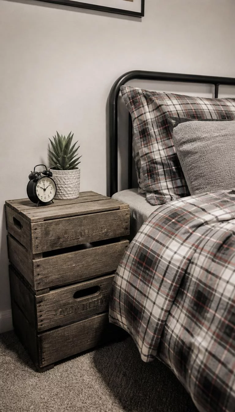 Repurposed Wooden Crates A super-realistic photo of a bedroom with a stack of two weathered wooden crates used as a bedside table, holding a small clock and a succulent, a cozy bed nearby with flannel sheets, everyday social media post aesthetic, photorealistic, high-quality mobile photography, shot on an iPhone 14