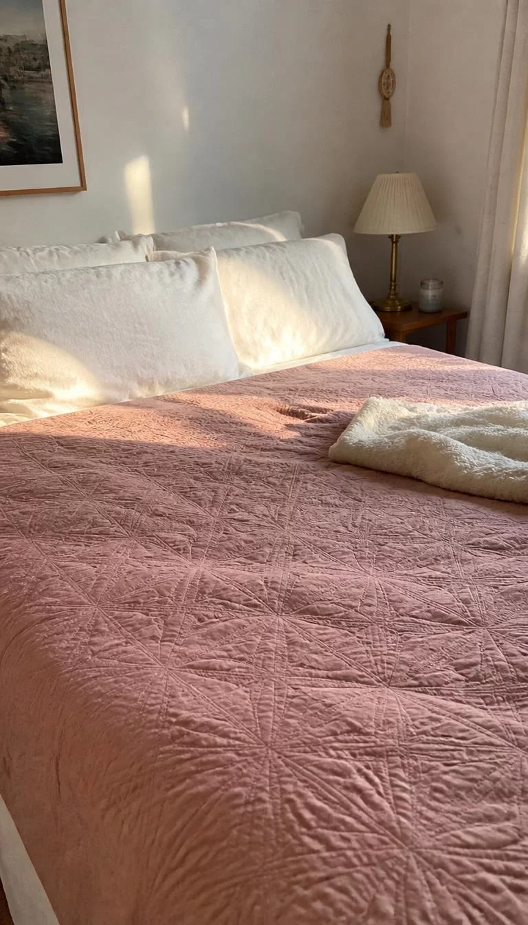 Quilted Textured Coverlets A super-realistic photo of a bedroom bed with a dusty rose quilted coverlet that has a stitched geometric pattern, white linen pillows, a soft morning glow, everyday social media post aesthetic, photorealistic, high-quality mobile photography, shot on an iPhone 14
