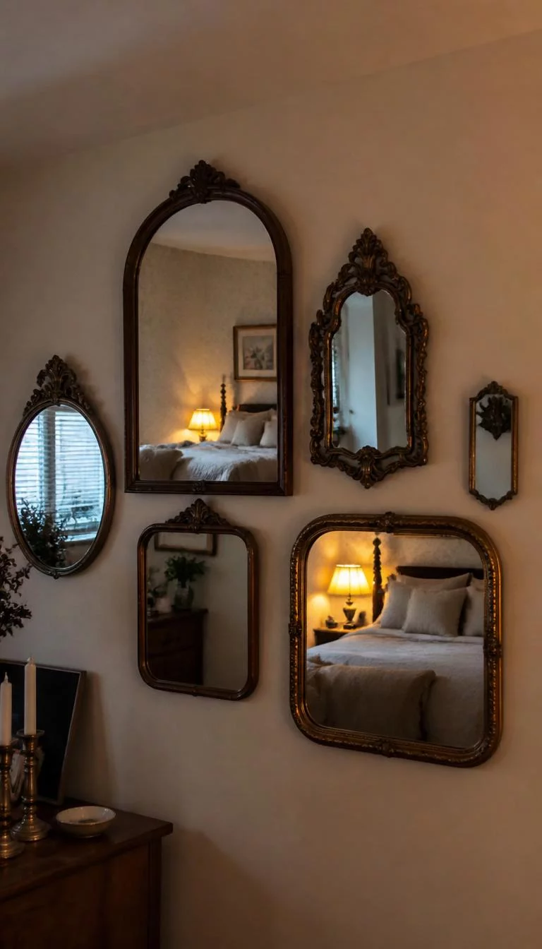 Layered Mirror Wall A super-realistic photo of a bedroom wall with several antique mirrors of different shapes and sizes grouped together, reflecting a warm bed and a lamp, soft indoor lighting, everyday social media post aesthetic, photorealistic, high-quality mobile photography, shot on an iPhone 14