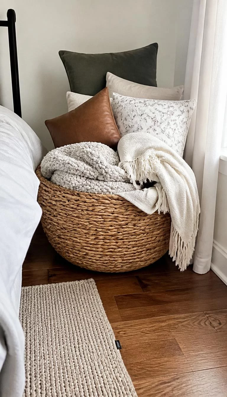 Braided Jute Baskets A super-realistic photo of a bedroom corner with a large braided jute basket overflowing with extra pillows and blankets, a wooden floor, a soft knit rug nearby, everyday social media post aesthetic, photorealistic, high-quality mobile photography, shot on an iPhone 14