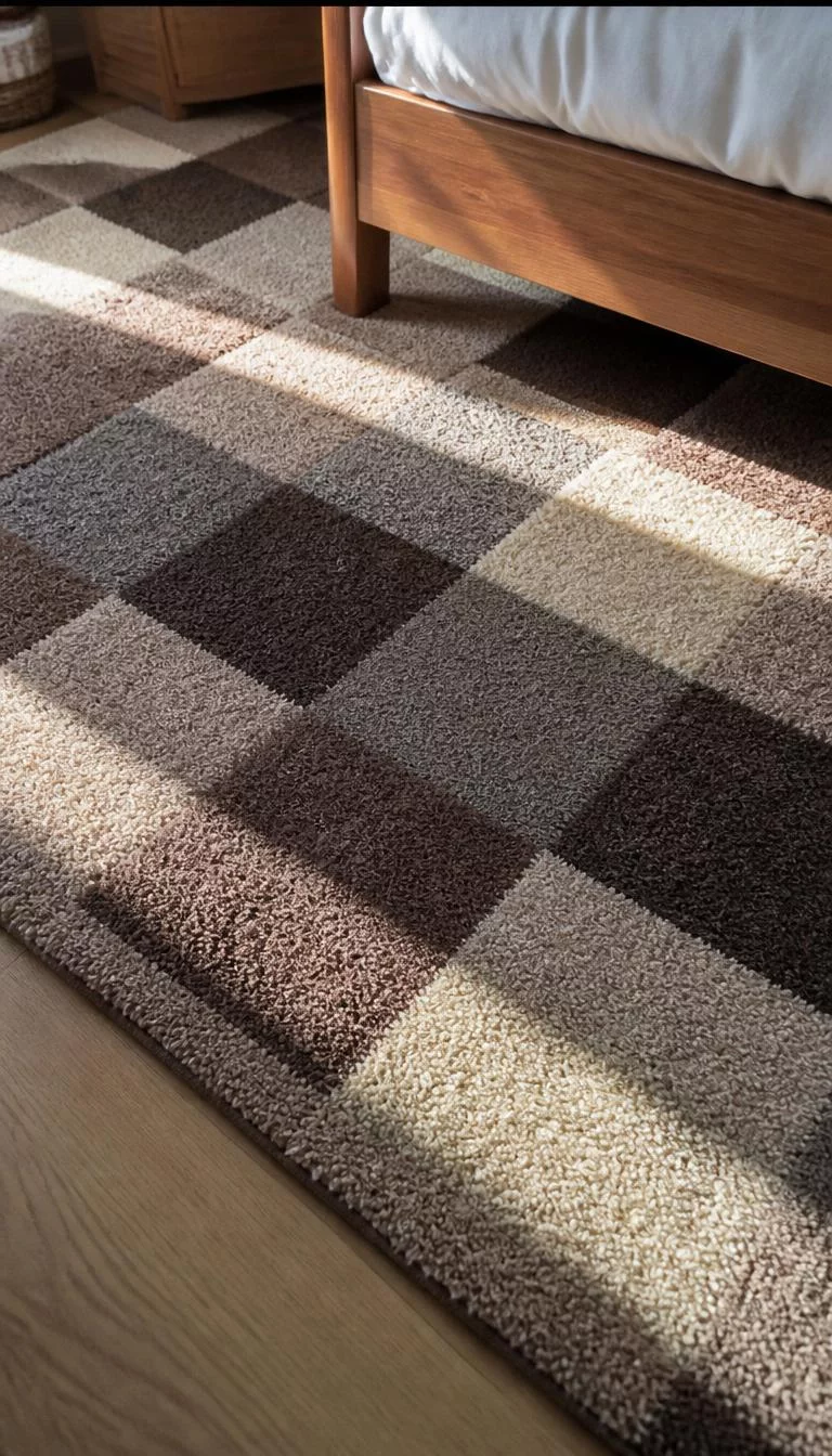 Checkered Wool Area Rugs A super-realistic photo of a bedroom floor with a large wool rug featuring a muted brown and tan checkered pattern, the corner of a wooden bed frame visible, soft sunlight on the fibers, everyday social media post aesthetic, photorealistic, high-quality mobile photography, shot on an iPhone 14