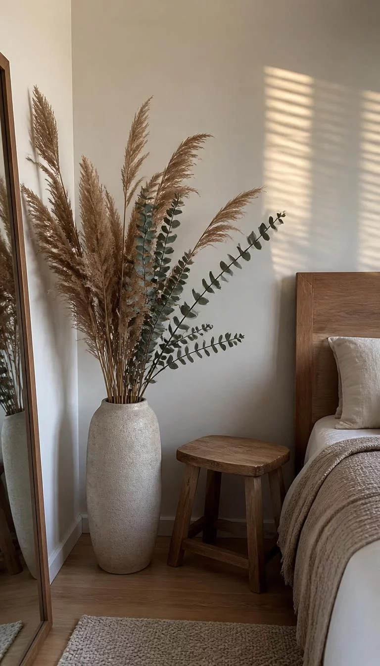 Dried Floral Arrangements A super-realistic photo of a bedroom corner with a tall floor vase filled with dried pampas grass and eucalyptus branches, a low wooden stool nearby, soft shadows on a beige wall, everyday social media post aesthetic, photorealistic, high-quality mobile photography, shot on an iPhone 14