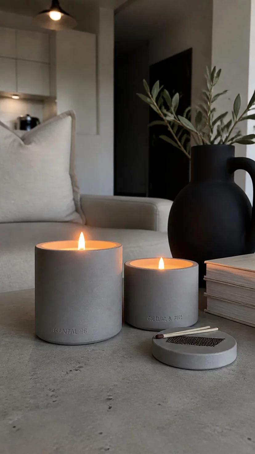 Scented Soy Candles In Concrete Jars A super-realistic photo of a minimalist apartment coffee table with two grey concrete candle jars, the wicks are lit and emitting a soft glow, a small match striker sits nearby, the room has clean lines and simple furniture, everyday social media post aesthetic, photorealistic, high-quality mobile photography, shot on an iPhone 14