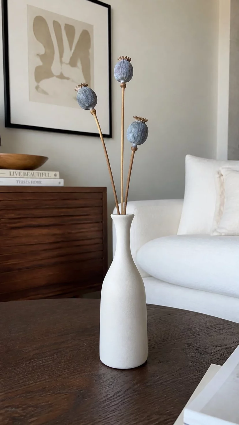 Dried Poppy Pods In Minimalist Vases A super-realistic photo of a modern living room where a tall slim white vase holds three dried poppy pods on long stems, the pods have a unique blue grey tint, the table is a dark walnut, everyday social media post aesthetic, photorealistic, high-quality mobile photography, shot on an iPhone 14