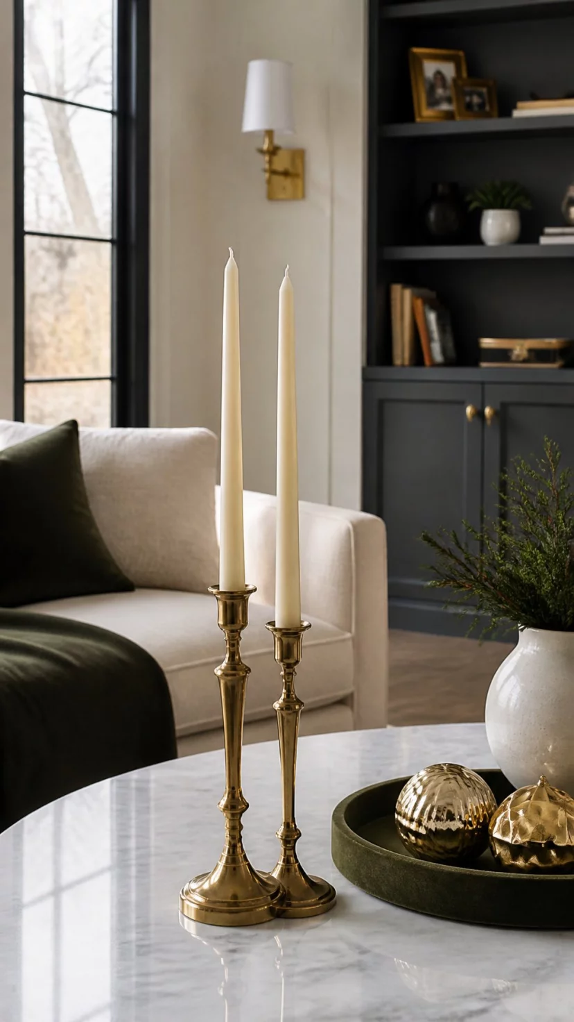 Brass Accents And Taper Candles A super-realistic photo of a sophisticated living room with a pair of vintage brass candle holders on a marble table, tall cream colored taper candles stand straight in the holders, a small velvet tray sits nearby with a few gold ornaments, everyday social media post aesthetic, photorealistic, high-quality mobile photography, shot on an iPhone 14