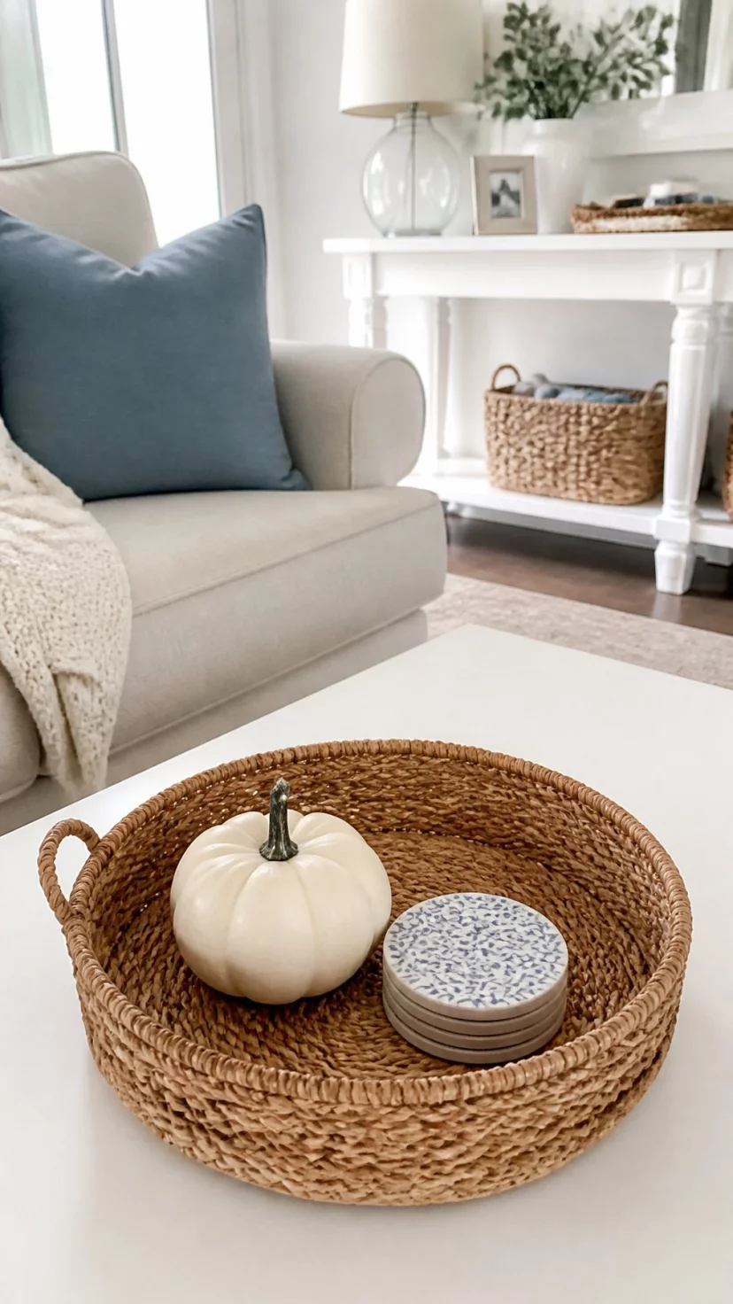 Woven Seagrass Trays A super-realistic photo of a coastal style living room with a round seagrass tray on a white coffee table, the tray holds a small white pumpkin and a ceramic coaster set, a soft blue throw pillow is visible in the background, everyday social media post aesthetic, photorealistic, high-quality mobile photography, shot on an iPhone 14