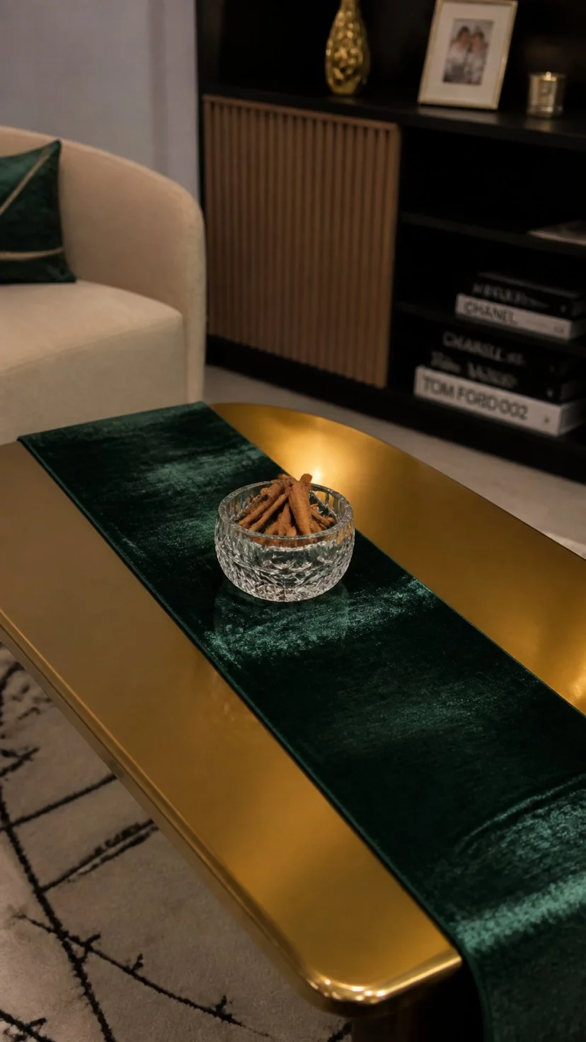 Velvet Fabric Runners A super-realistic photo of a glamorous living room where a narrow emerald green velvet runner lies across a gold coffee table, a small crystal bowl of cinnamon sticks sits in the center, the lighting is dim and cozy, everyday social media post aesthetic, photorealistic, high-quality mobile photography, shot on an iPhone 14