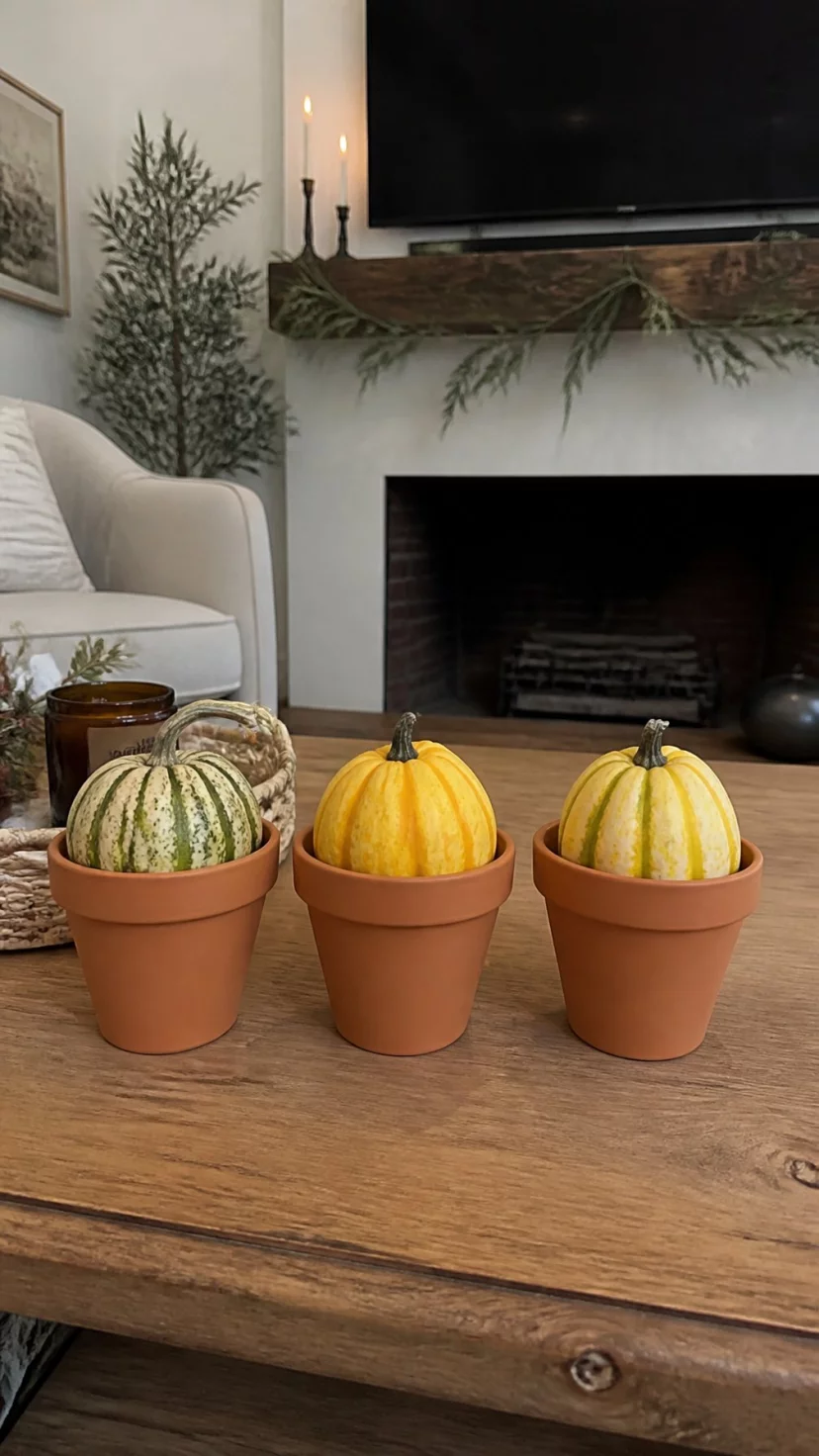 Terracotta Pots With Mini Gourds A super-realistic photo of a rustic living room with three small terracotta pots arranged in a row on the coffee table, each pot holds a different tiny striped gourd, the table is a light oak wood, everyday social media post aesthetic, photorealistic, high-quality mobile photography, shot on an iPhone 14