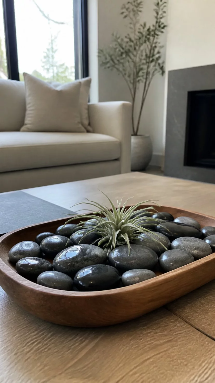 Polished River Stones In Trays A super-realistic photo of a zen style living room coffee table with a shallow wooden tray filled with smooth black and grey polished river stones, a single air plant sits on the stones, the room is quiet and calm, everyday social media post aesthetic, photorealistic, high-quality mobile photography, shot on an iPhone 14