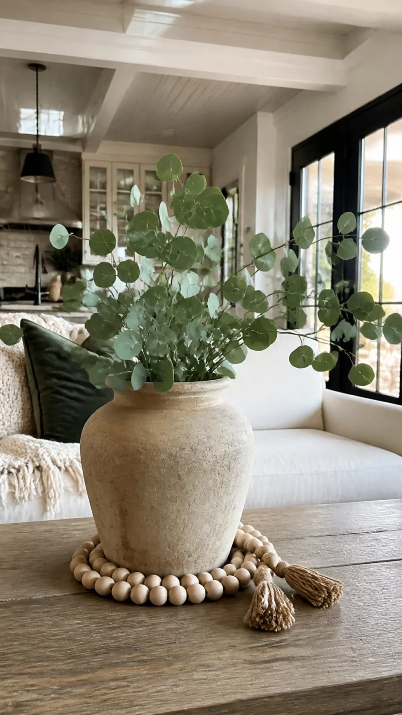 Hand Thrown Pottery With Eucalyptus A super-realistic photo of a farmhouse style living room with a chunky clay vase on the coffee table, silver dollar eucalyptus branches with dusty green leaves fill the vase, a small wooden bead garland curls around the base, the air looks crisp and fresh, everyday social media post aesthetic, photorealistic, high-quality mobile photography, shot on an iPhone 14