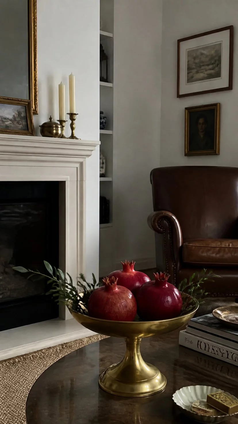 Antique Brass Compotes With Pomegranates A super-realistic photo of a classic living room with an antique brass compote dish on the coffee table, three deep red pomegranates sit inside the dish with some dark green leaves, a leather chair is visible in the corner, everyday social media post aesthetic, photorealistic, high-quality mobile photography, shot on an iPhone 14