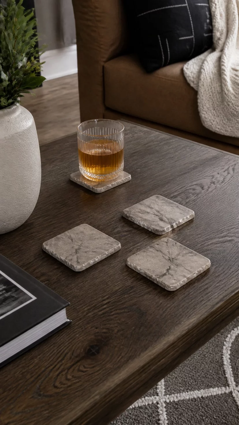 Tumbled Marble Coasters A super-realistic photo of a clean living room table with a set of four tumbled marble coasters with rough edges, a glass of amber liquid sits on one, the table is made of dark oak, everyday social media post aesthetic, photorealistic, high-quality mobile photography, shot on an iPhone 14