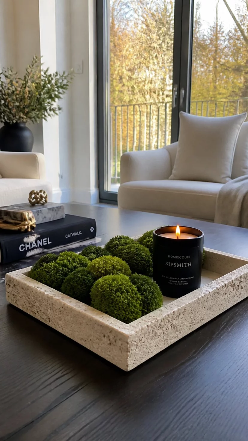 Stone Trays With Sculptural Moss A super-realistic photo of a modern living room featuring a heavy travertine stone tray on a dark wood coffee table, several mounds of bright green preserved reindeer moss sit inside the tray alongside a sleek black candle, the surrounding room has soft beige linen sofas and large windows showing autumn leaves, everyday social media post aesthetic, photorealistic, high-quality mobile photography, shot on an iPhone 14
