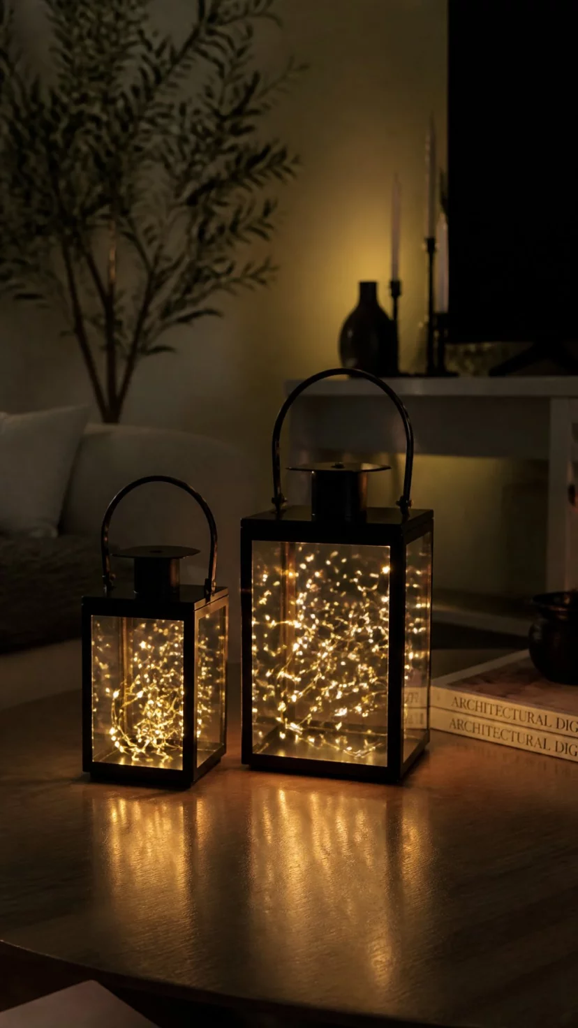 Black Metal Lanterns With Fairy Lights A super-realistic photo of a cozy evening living room with two black metal lanterns on a coffee table, strings of warm battery operated fairy lights are coiled inside the lanterns, the room is dark with a warm glow, everyday social media post aesthetic, photorealistic, high-quality mobile photography, shot on an iPhone 14