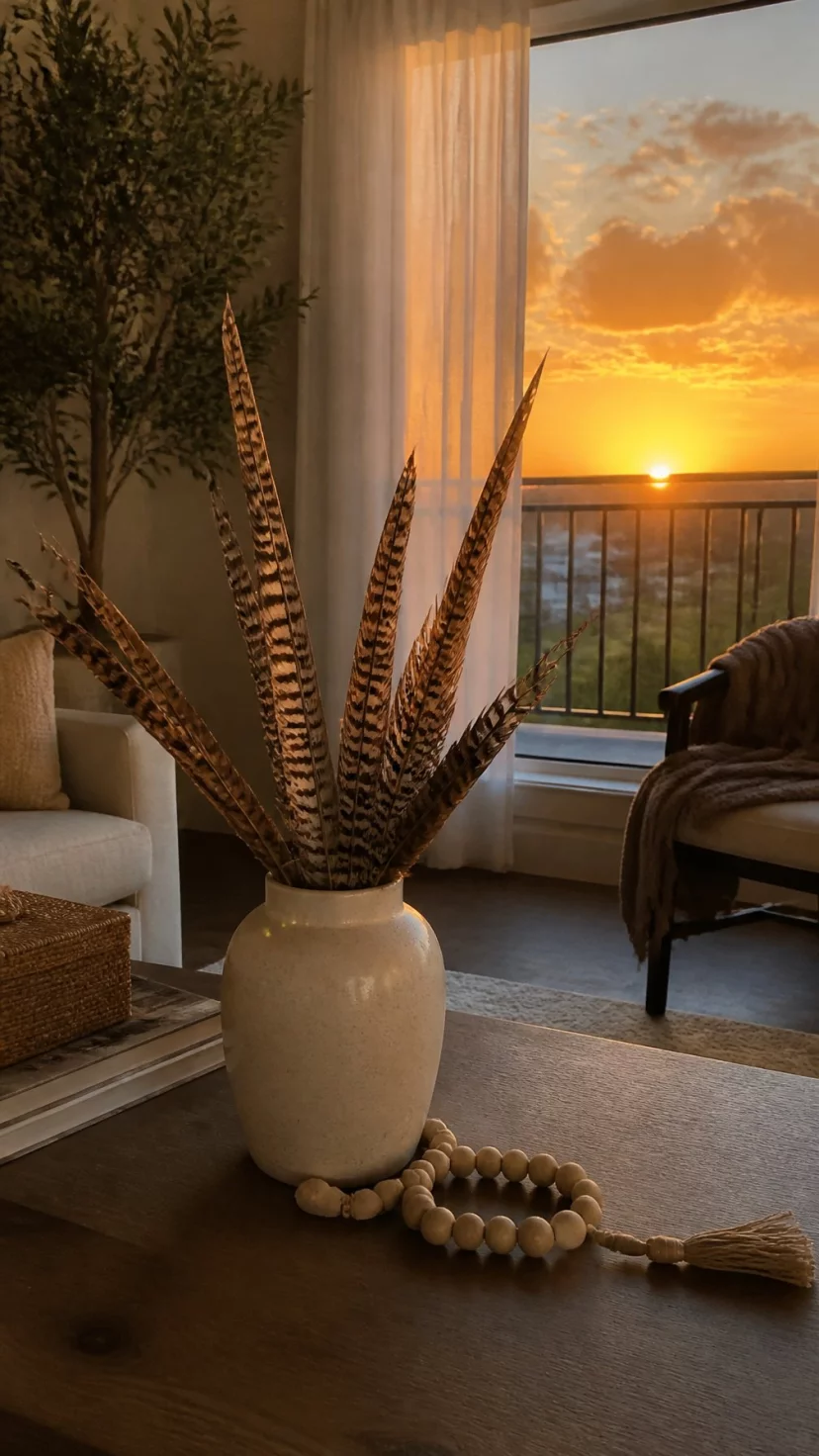 Feather Arrangements In Ceramic Vases A super-realistic photo of a modern boho living room with several tall pheasant feathers in a neutral ceramic vase on the coffee table, a beaded garland lies next to it, the sun is setting outside, everyday social media post aesthetic, photorealistic, high-quality mobile photography, shot on an iPhone 14