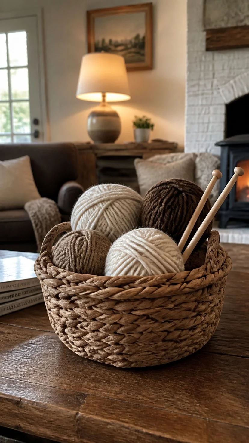 Woven Baskets Filled With Yarn A super-realistic photo of a cozy cottage living room where a small woven basket on the coffee table is filled with balls of thick wool yarn in shades of cream and brown, a pair of wooden knitting needles sticks out, everyday social media post aesthetic, photorealistic, high-quality mobile photography, shot on an iPhone 14