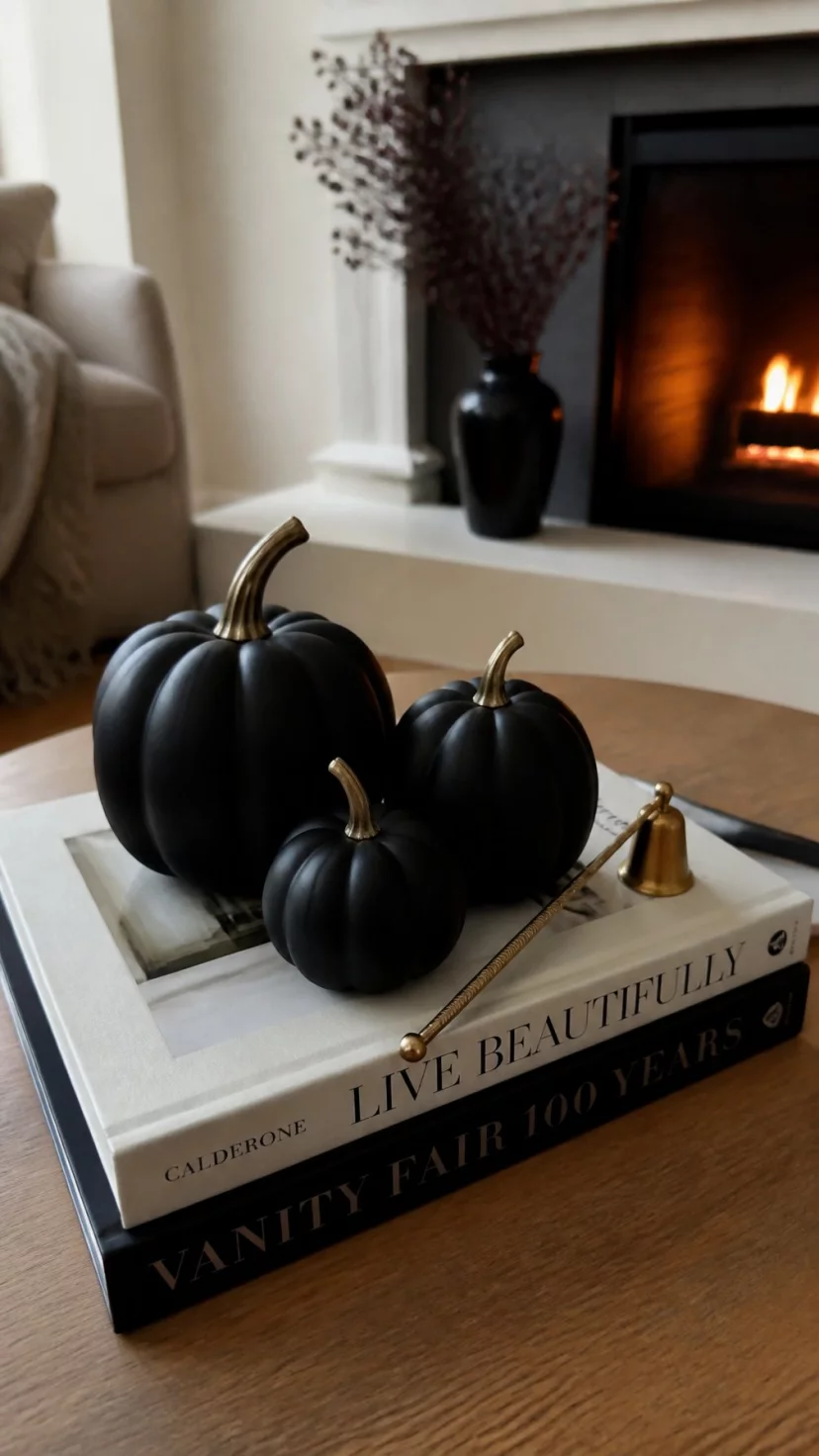 Matte Black Ceramic Pumpkins A super-realistic photo of a minimalist living room coffee table holding three matte black ceramic pumpkins of different sizes, a brass candle snuffer lies next to them on a stack of art books, the background shows a cozy fireplace with a soft glow, everyday social media post aesthetic, photorealistic, high-quality mobile photography, shot on an iPhone 14