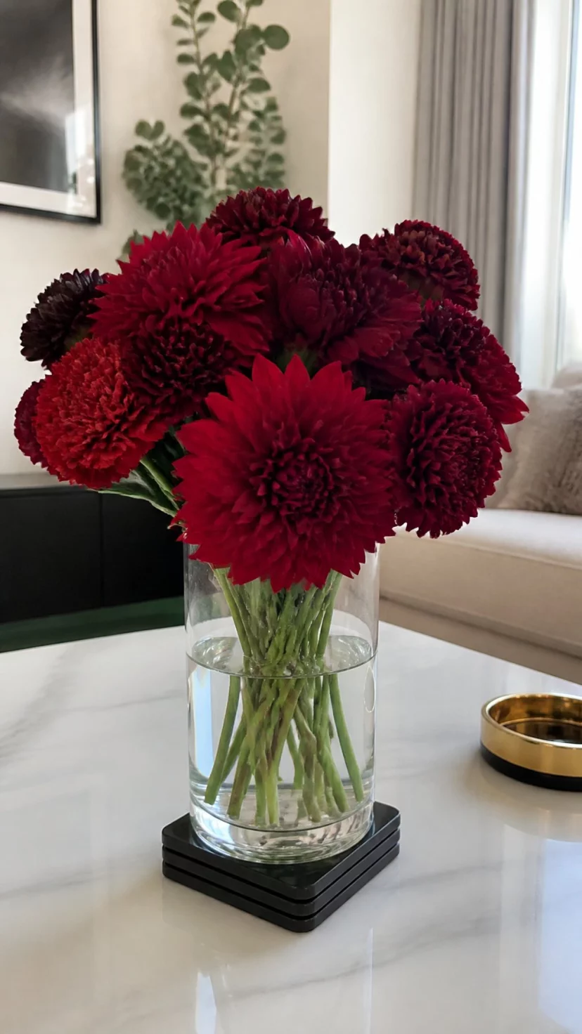 Deep Red Florals In Clear Vases A super-realistic photo of a contemporary living room with a clear glass cylinder vase filled with dark red dahlias and burgundy carnations, the water is crystal clear, the vase sits on a stack of black coasters, everyday social media post aesthetic, photorealistic, high-quality mobile photography, shot on an iPhone 14